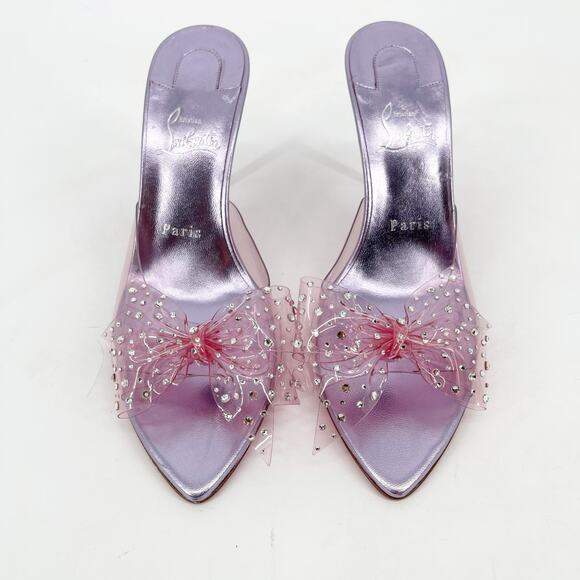 Christian Louboutin Aqua Strass 80 PVC Pink Crystal Bow Pointed Toe Mules EU 38 - Picture 5 of 10